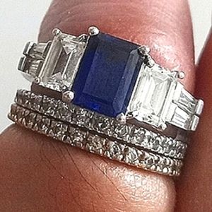 Sterling Silver Sapphire 1.25CT Emerald Cut Diamond Baguette Ring